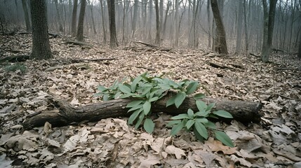 Green foliage growing on fallen tree trunk in the leafless forest background