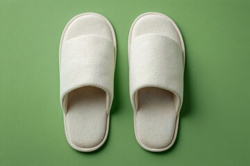 Two white textured slippers against a vibrant green backdrop perfect for relaxation content.