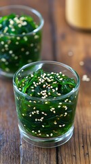 Delicious seaweed salad with sesame seeds in a glass on wooden table