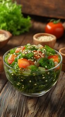 Healthy Wakame Seaweed Salad with Sesame Seeds and Tomato in Glass Bowl