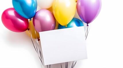 Celebration colorful balloons with blank white card against white background, party.