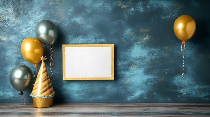 Festive party background with balloons, frame, and birthday hat decoration