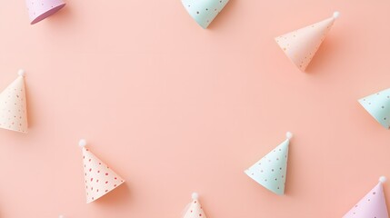 Pastel party hats with confetti pattern on pastel color background minimal style