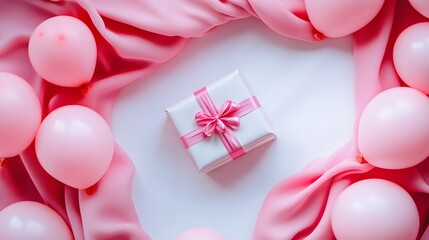 Charming gift box with pink ribbon surrounded by balloons and fabric 