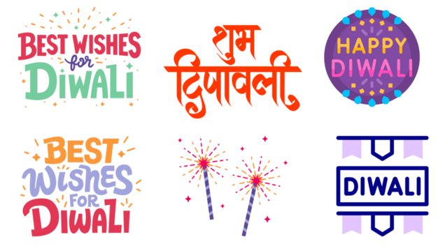 Traditional Diwali Graphic Set | Diyas, Lamps, and Festival Elements Vector, Happy Diwali Greeting Card Set | Festive Wishes and Typography Vector Bundle, Diwali Icon Set | Diya, Firecracker, Lantern,