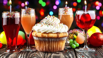 Festive birthday celebration with cupcake and drinks, bokeh background