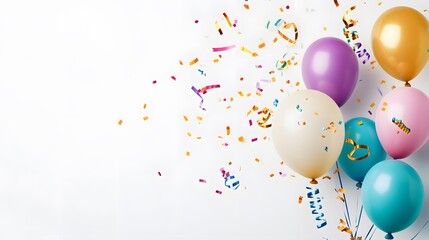 Festive balloons and colorful confetti float on white background celebration concept