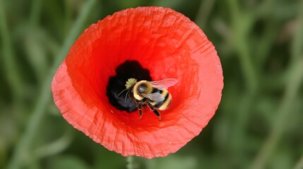 Bumblebee in a red poppy flower close up nature flower garden field