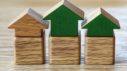 Wooden block toy houses showing real estate growth, eco friendly investment.