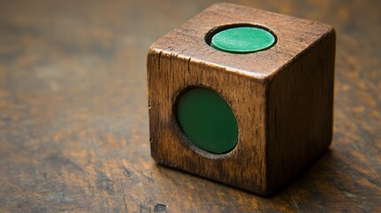 Wooden cube block with green circle isolated against a wooden surface