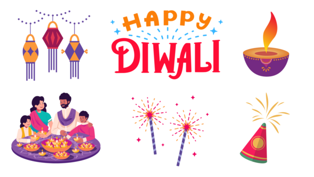 Traditional Diwali Graphic Set | Diyas, Lamps, and Festival Elements Vector, Happy Diwali Greeting Card Set | Festive Wishes and Typography Vector Bundle, Diwali Icon Set | Diya, Firecracker, Lantern,