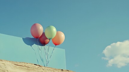 Pastel balloons against bright blue sky and wall conveys the concept of joy and happiness