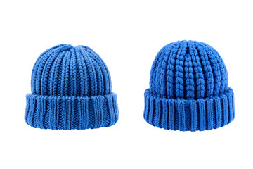 Blue wool knitted hat isolated on white background.