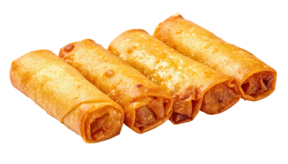 Crispy golden-brown spring rolls, fried to perfection, isolated on black backdrop