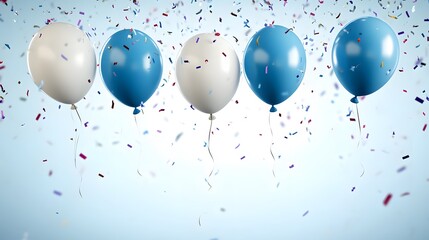 Festive blue white balloons confetti celebration for birthday party background