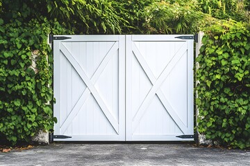 Elegant white wooden gate framed by lush green foliage and a stone wall