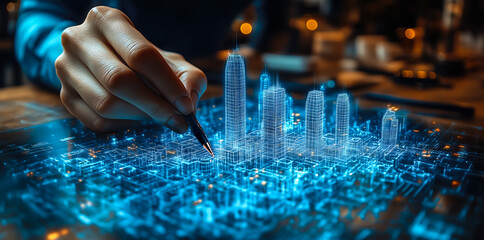 An architect brings architectural designs to life with 3D holographic construction models. Generative AI.