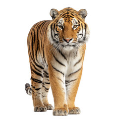 Naklejka premium A majestic tiger stands confidently, gazing directly forward, showcasing its distinctive orange and black stripes against a clean transparent background. background removed