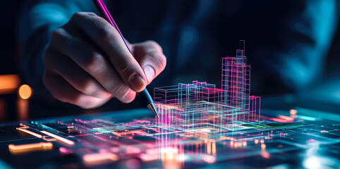 An architect brings architectural designs to life with 3D holographic construction models. Generative AI.