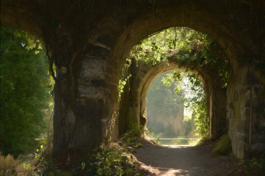 Ancient stone archway overgrown with ivy in sunlit forest ruins, mystery and history concept