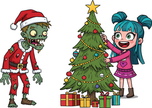 Cartoon zombie Santa with girl decorating Christmas tree, festive horror holiday scene vector illustration for kids, humor, and seasonal content