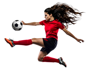 Female soccer player performing a midair kick while wearing a red jersey and long hair flowing, dynamic football action pose, isolated on transparent background, PNG