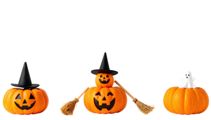 Three Halloween pumpkin decorations, two with hats & one with a ghost