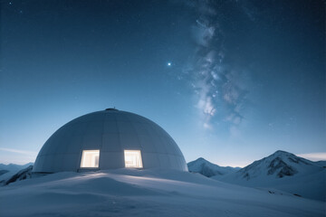 Futuristic dome cabin in snowy mountains under the Milky Way, off‑grid winter nightscape