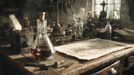 Obraz premium Alchemist's Workspace: A cluttered desk with potions, maps, and tools in a dimly lit, antique setting. Old manuscripts are scattered nearby.
