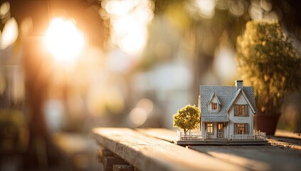 Miniature house model on wooden table, golden sunlight