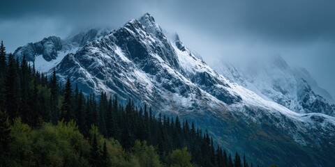 Mountain Majesty: A towering snow-capped mountain range pierces through the misty atmosphere, displaying the untouched grandeur and captivating beauty of nature, a testament to Earth's raw power.