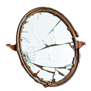 Broken round mirror with cracked glass and damaged frame isolated on Transparent Background