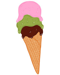 Cute ice cream hand drawn textured illustration. Strawberry, matcha, chocolate flavor ice cream with cone perfect for design element, sticker, kids book, flashcard.