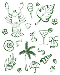 Set of summer cute element. Palm tree, lobster, ice cream, shell, drinks, cherry, leaves. Perfect for design element, sticker.