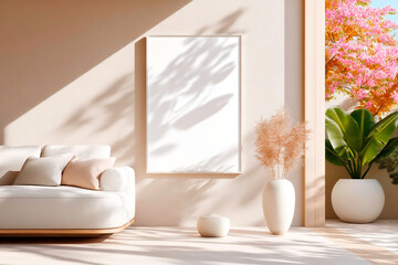 Contemporary living space with a sizable frame leaning on a wall by sofa