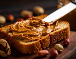 Spreading peanut butter on bread, close-up breakfast preparation photo