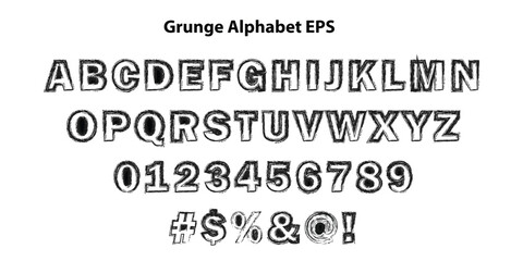 Grunge alphabet and numbers distressed vector font with rough edges ideal for vintage designs and artistic typography projects. EPS vector illustration