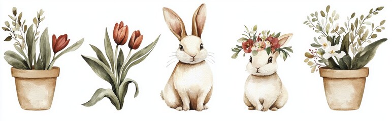 Cute rabbits with floral arrangements in clay pots for spring decor