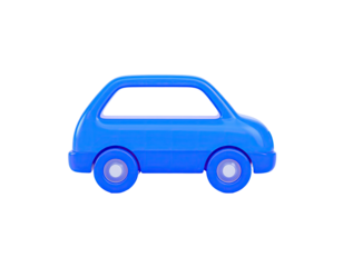 Cartoonish blue toy car with white-centered wheels on a solid black background
