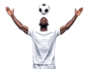 African football player performing a powerful header, striking the ball with his head, dynamic soccer action, isolated on transparent background, PNG