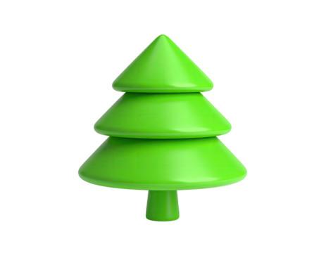 A 3D rendered, vibrant green, stylized Christmas tree with a dark background