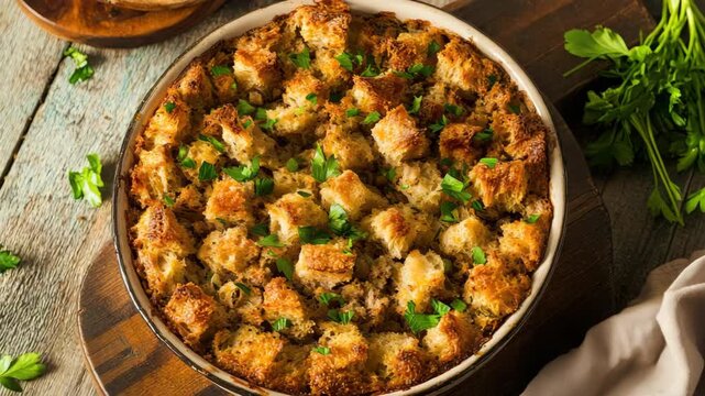 Homemade bread stuffing garnished with fresh parsley in bowl
