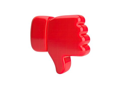A glossy 3D render of a red hand giving a thumbs-down gesture on black