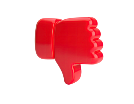 A glossy 3D render of a red hand giving a thumbs-down gesture on black