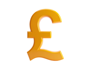 Rendered golden pound symbol floating on a black background, with highlights