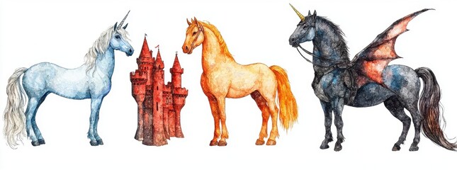 Magical Unicorns with Castle in a Fantasy Watercolor Illustration