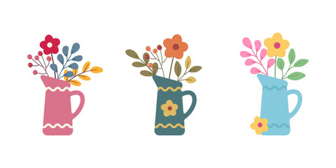 Colorful pitchers with flowers in flat cartoon style