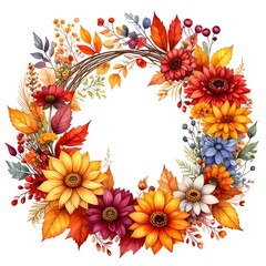 Autumn wreath with vibrant fall colors.  Circular arrangement of various flowers, leaves, and berries.  Detailed and colorful floral design