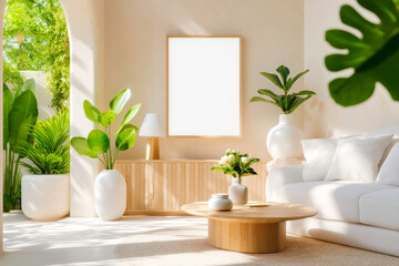 Spring themed cozy living room with a wooden sideboard and empty poster frame