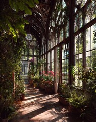 Sunlight Streams Through a Verdant Victorian Greenhouse, Illuminating Potted Flowers and Lush Greenery with Golden Light